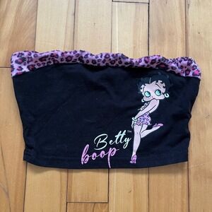 Betty Boop Black Tube Top Cheetah Print Trim Fluffy Edgy Y2K